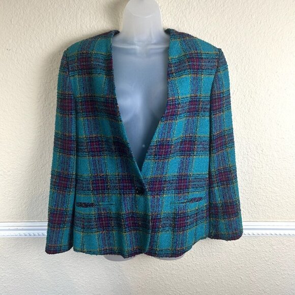Koret Women 16 Vintage Blazer Tweed Plaid Multi Academia Clueless 90s Y2K Wool - Picture 1 of 10